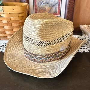 Vintage 1960's Vento Straw Cowboy Hat Made In USA Size L Open Weave‎ Western